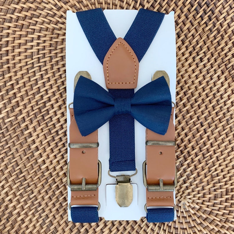 Navy Blue Bow Tie & Navy Leather Suspenders Ring Bearer Etsy
