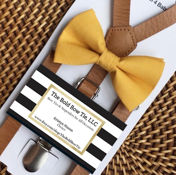 Mustard Bow Tie & Leather Suspenders, Mens Bow Ties, Wedding Suspenders, Toddler Suspenders, Groomsmen Suspenders, Ring Bearer Outfit