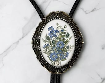 Bolo Tie for Men and Women in Dusty Blue Floral with Leather Cord