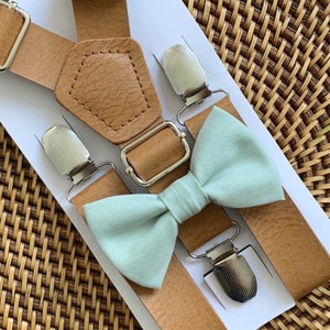 Sage Bow Tie & Leather Suspenders Set, Ring Bearer Outfit for Wedding, Groomsmen Groom