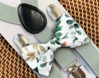 Floral Sage Green Bow Tie & Sage Suspenders, Sage Green Bowtie, Beach Wedding, Ring Bearer Outfit, Bow Ties for Men, Boys, Bowties