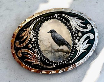 Belt Buckle Cowboy Accessory with Crow, Raven Western Belt Buckle for Western, Custom Belt Buckle Gifts for Him Rodeo Anniversary Gift