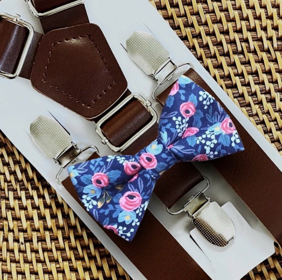 Rifle Paper Co Floral Navy Bow Tie & Faux Leather Suspenders, Bowtie, Boho Wedding, Groomsmen, Ring Bearer Outfit, Mens Bow Tie