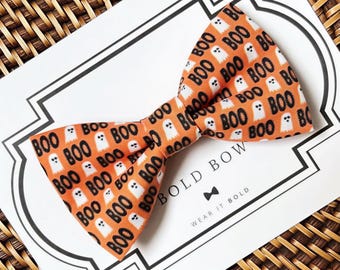 Halloween Dog Bow Tie with Spooky Ghosts, Orange Fall Puppy Collar Accessory