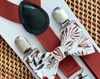 Terracotta Floral Bow Tie & Rust Suspenders, Fall Wedding Outfit, Ring Bearer Groomsmen Groom