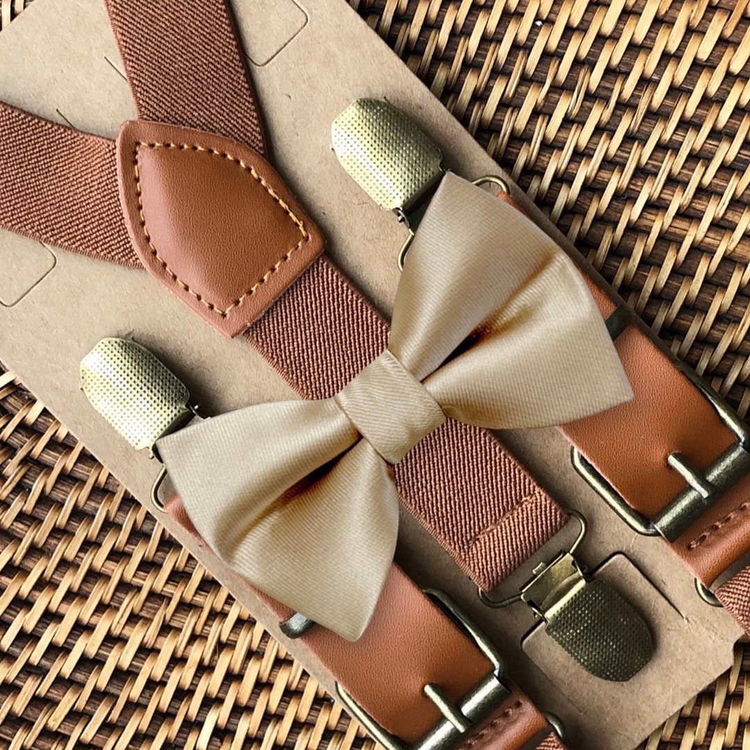 champagne colored bow tie and suspenders