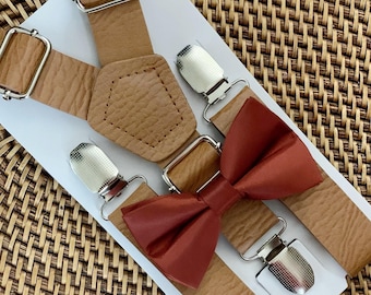 Cinnamon Bow Tie & Leather Suspenders Set, Ring Bearer Outfit Groomsmen Wedding Bowtie