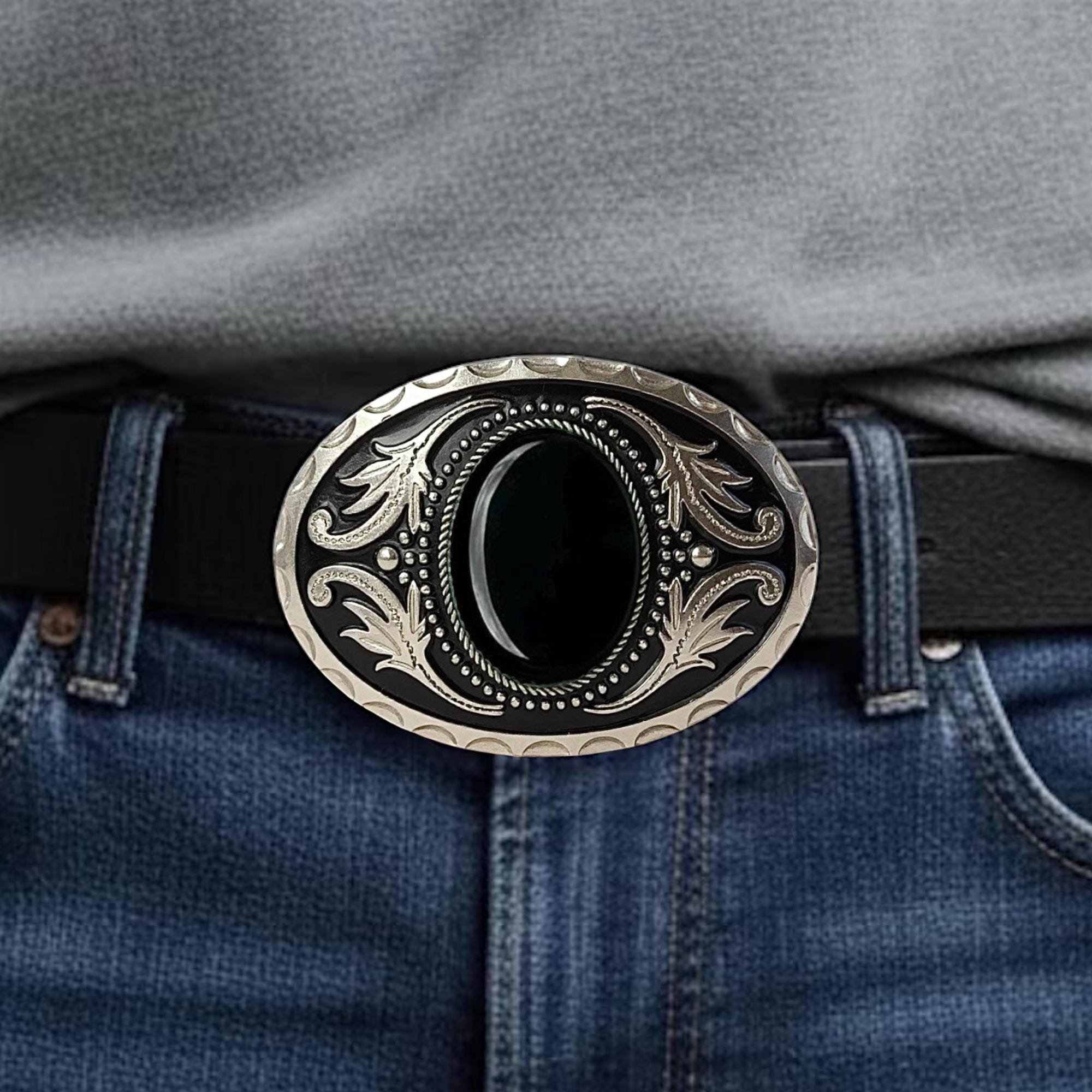 Western Black Leather Tooled Belt Stone Accent Buckle Men main image 3