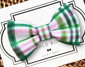 Green & Pink Plaid Dog Bow Tie, St. Patrick’s Day Pet Collar Accessory