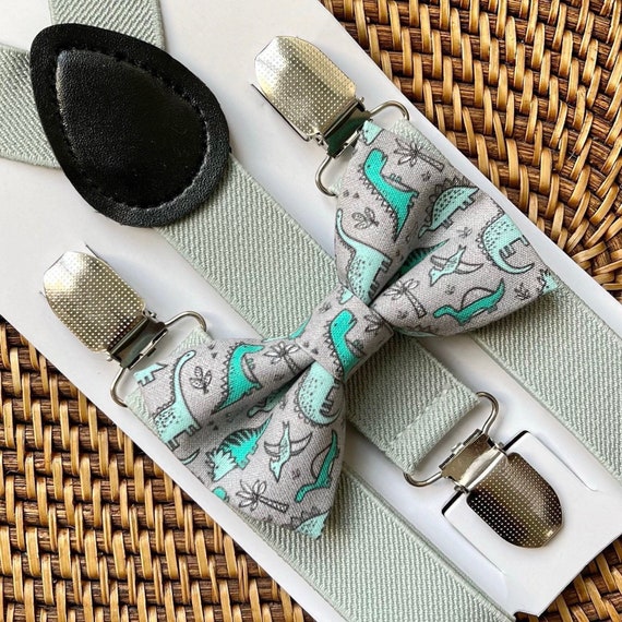 Dinosaur Bow Tie & Green Suspenders- PERFECT for First Birthday Party, Ring Bearer Outfit, Groomsmen Gift for Men, 1st Birthday