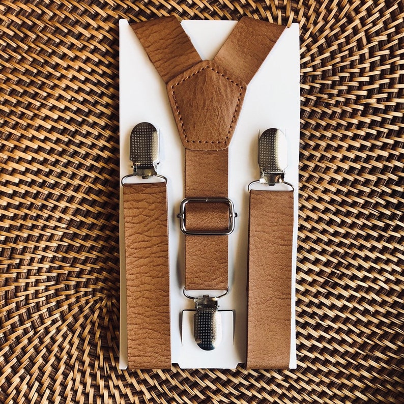 Brown Wedding Suspenders with Silver Clips and Faux Leather Leather Suspenders for Groomsmen Suspenders and Tuxedo Suspenders image 2