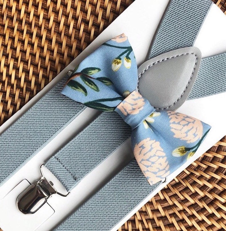 Floral Bow Tie & Gray Suspenders Dusty Blue Bow Tie Beach Etsy