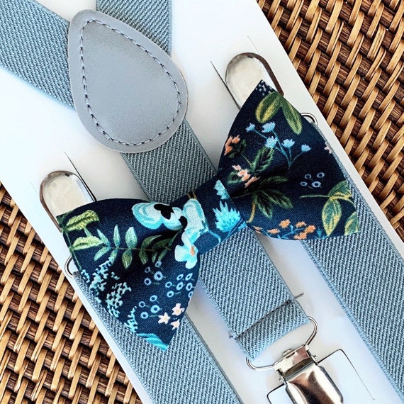Rifle Paper Co Bow Tie & Gray Suspenders, Wedding Bow Ties, Floral Bow Tie, Wedding Suspenders, Ring Bearer Outfit, Bow ties, Suspenders