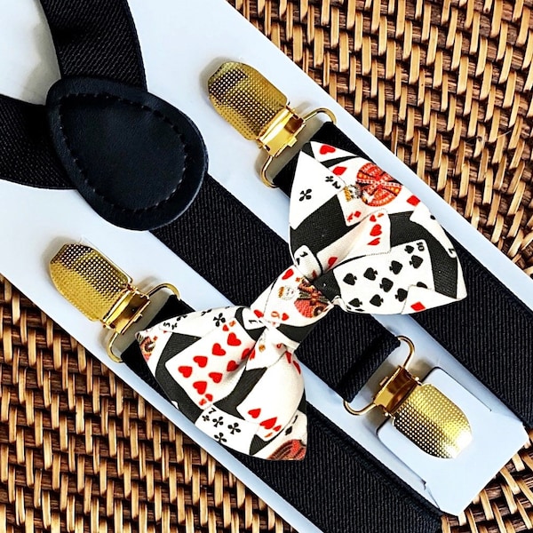 Casino Night Bow Tie & Black Suspenders, Playing Cards, Poker Night Bowtie, Black Tie Fundraiser Bow Tie for Men, Gambling Gift for Him
