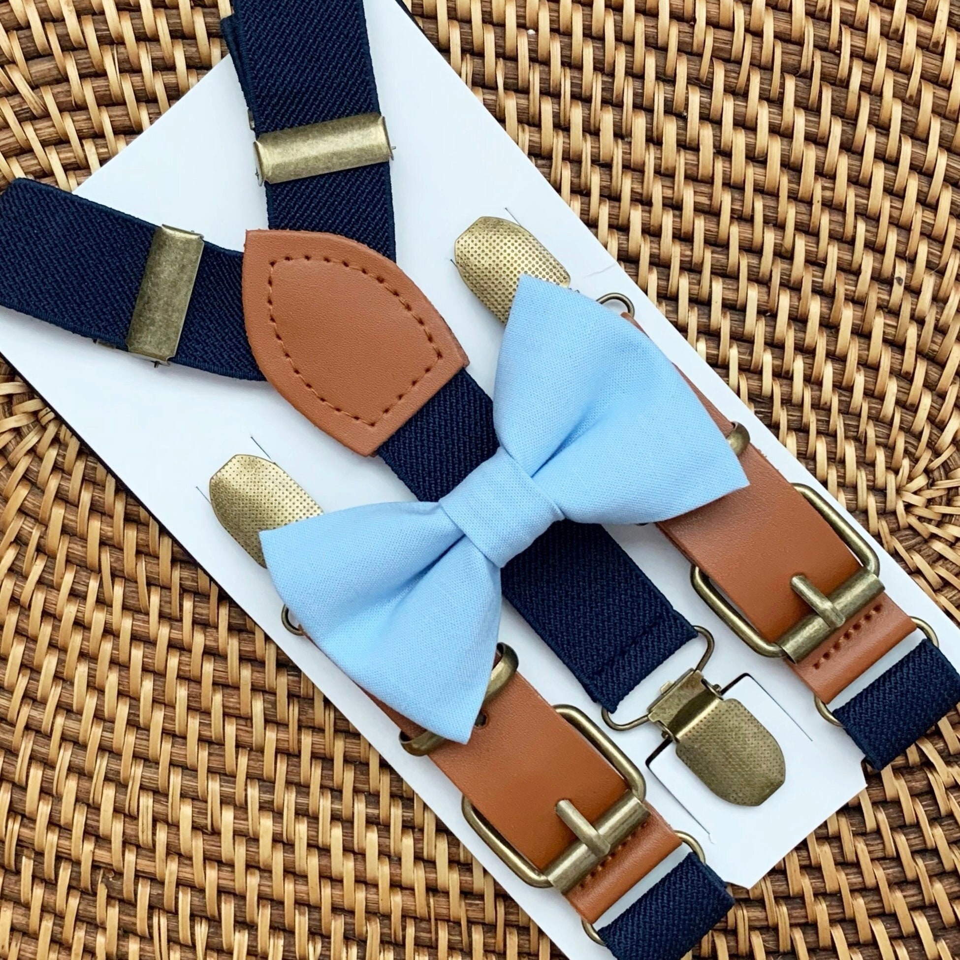 Sky Blue Bow Tie & Navy Suspenders, Wedding, Light Blue Bow Ties for