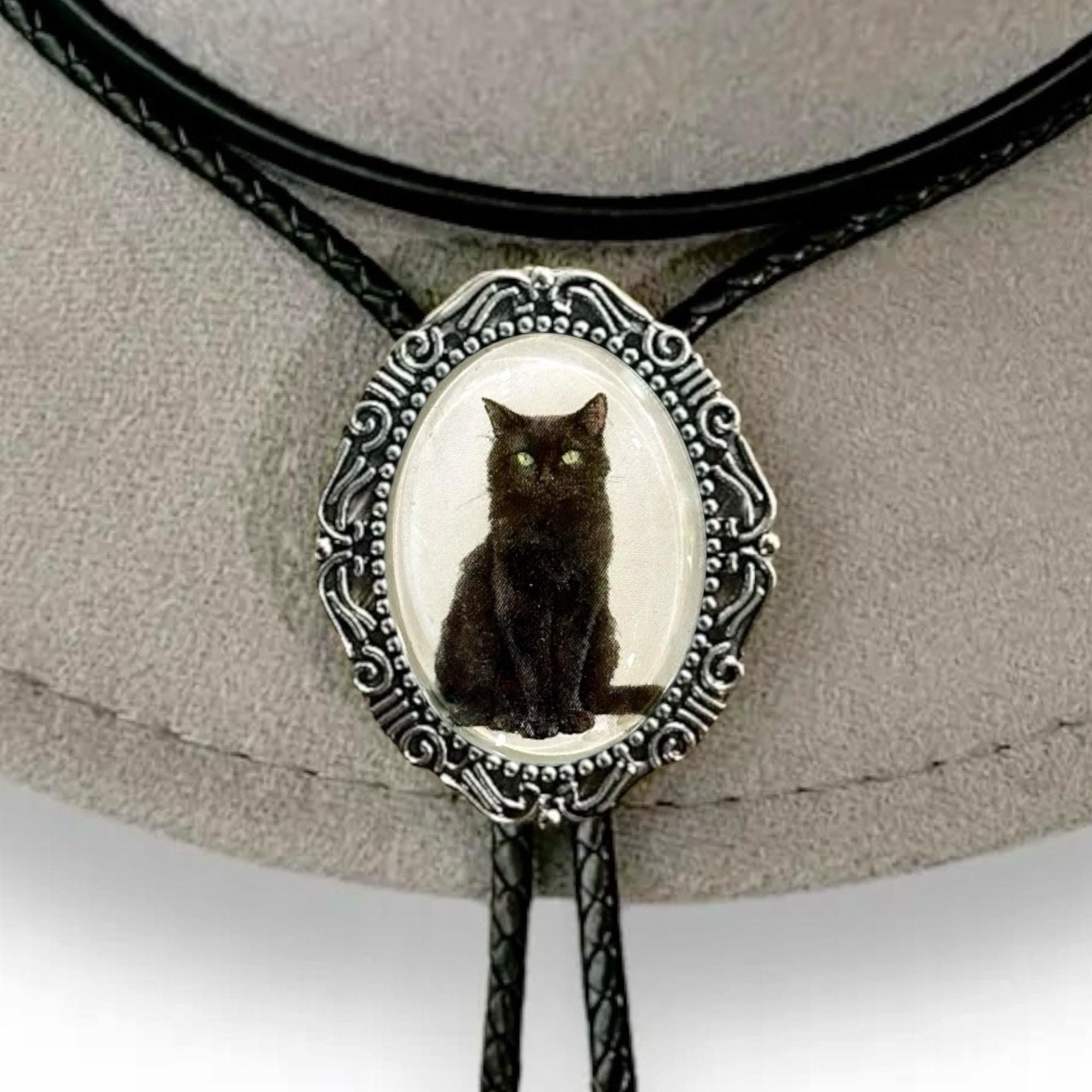 Black Cat Bolo Tie: Gothic Cowboy Leather Necklace