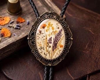 Bolo Tie for Men and Women in Burnt Orange Floral with Leather Cord