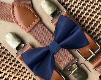 Navy Bow Tie & Brown Leather Suspenders, Groomsmen Ties for Wedding