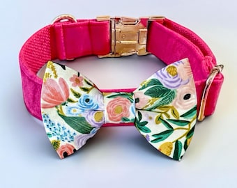 Floral Dog Bow Tie Collar: White Flower Pattern (Detachable Pre-Tied Bow)