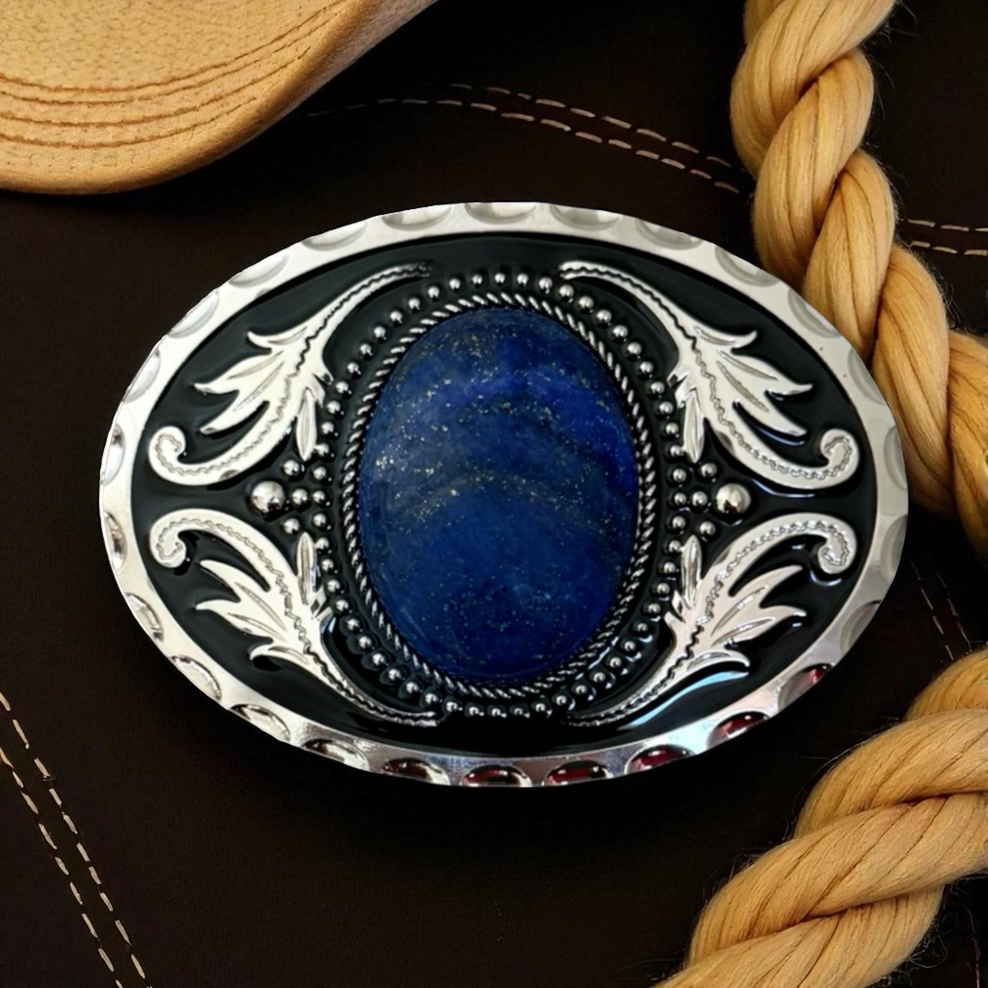 Natural Blue Lace Agate oval stone western belt buckle Blue Stone Belt Buckle Cowboy Western Accessory – The Bold  main image 3