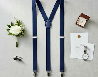 Granatowe szelki dla mężczyzn i chłopców – szelki ślubne – prezent dla drużby lub osoby noszącej obrączki – rustykalne szelki ślubne