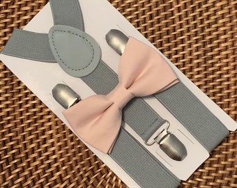 Blush Bow Tie & Grey Suspenders, Wedding, Groomsmen, Ring Bearer Outfit, Blush Toddler Bow Tie, Ring Bearer Outfit, Blush Pink Bow Tie