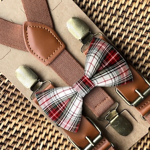 Plaid Christmas Bow Tie & Brown Suspenders, First Christmas Outfit, 1st Christmas, Toddler Bow Tie, Baby Boy Bow tie, Stocking Stuffers