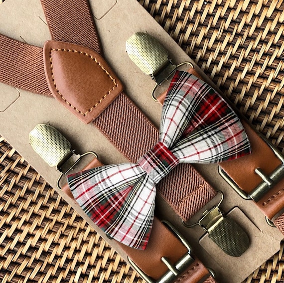 Toddler Christmas Bow Tie and Suspenders, Plaid Little Boy Bow Tie for Baby Christmas Outfit Bowtie, Holiday Bowtie