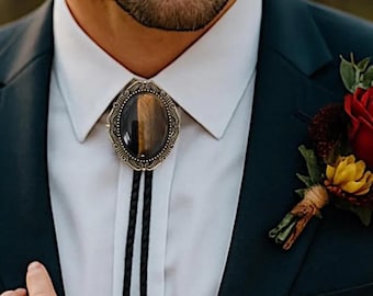 Tiger's Eye Stone Bolo Tie: Western Cowboy Leather Necklace Groomsmen Wedding Bolo Ties
