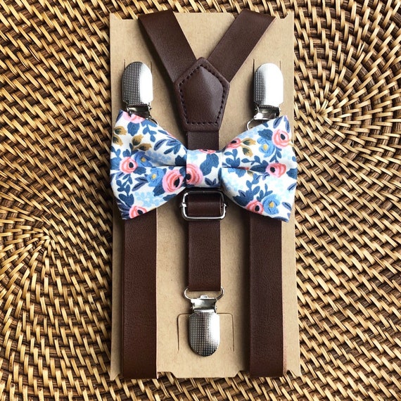 Bow Tie & Suspenders, Dusty Blue Bow Tie, Floral Bow Tie, Leather Suspenders, Wedding Suspenders, Ring Bearer Outfit, Wedding Suspenders