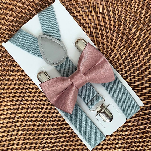 Rose Gold Bow Tie, Vintage Mauve Bow Tie, Grey Suspenders, Wedding Suspenders, Ring Bearer Outfit, Bow Tie & Suspender Set, Easter Bow Tie