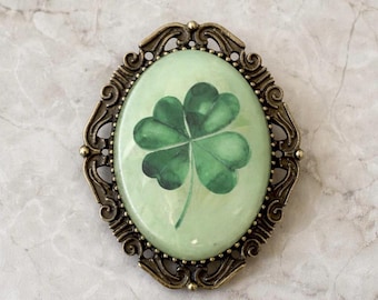 Broszka z czterolistną koniczyną, przypinka z koniczyną na szczęście, antyczny brąz