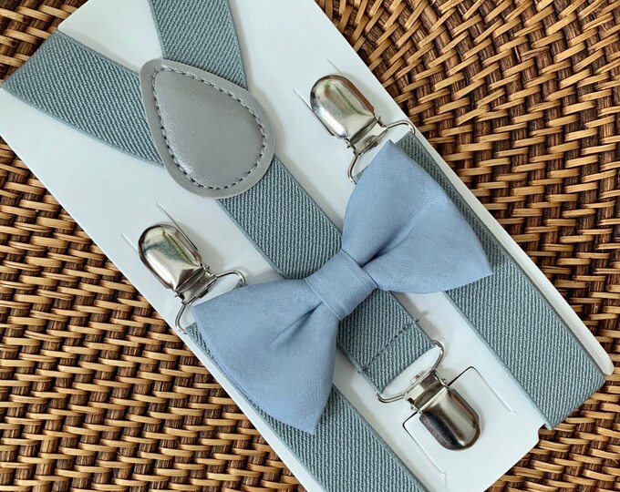 Dusty Blue Bow Tie & Gray Suspenders, Dusty Beach Wedding, Ring Bearer Outfit, Bow Ties for Men, Wedding, Bow Tie, Groomsmen
