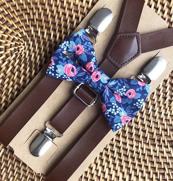 Bow Tie & Suspenders, Dusty Blue Bow Tie, Floral Bow Tie, Leather Suspenders, Wedding Suspenders, Ring Bearer Outfit, Wedding Suspenders