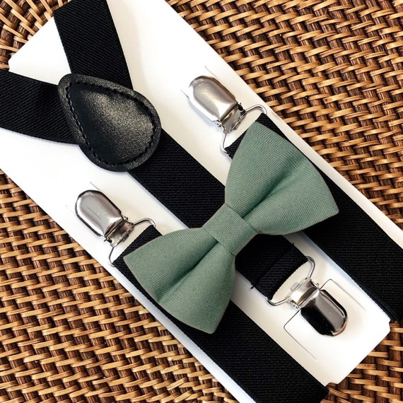Sage Green Bow Tie & Black Suspenders- Sage Wedding, Groomsmen, Ring Bearer Outfit, Ring Bearer Gift, Sage Bowtie, Bow Ties for Men