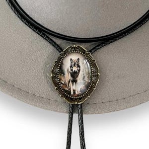 Wolf Bolo Tie- Bolo Ties for Cowboy Attire or Cowgirl, Western Jewelry Boho Leather Cord, Western Gifts Grey Wolf String Tie Neckwear