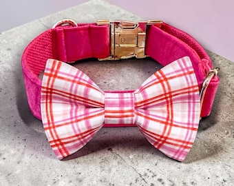 Pink Plaid Dog Collar: Detachable Pre-Tied Bow Tie, Velvet Trim