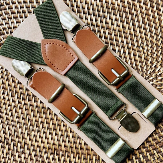 Olive Leather Suspenders Gift for Him Handmade Rustic Wedding Belt Groomsmen Groom, Ring Bearer Gift for Boy Child
