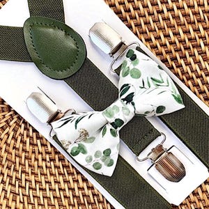 Olive Green Floral Bow Tie & Olive Suspenders, Green Bowtie for Ring Bearer Outfit, Men, Boys, Toddler, Women Suspenders Men Sage Bow Tie
