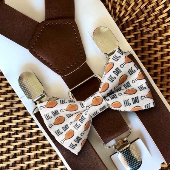 Turkey Leg Day Bow Tie & Vegan Leather Suspenders, Thanksgiving Outfit, Toddler Bow tie, Mens Bow Ties, Bow Ties for Boys, Bowtie, Bow Ties