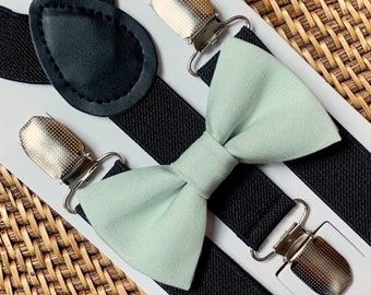 Sage Green Bow Tie & Black Suspenders for Wedding Bowtie, Ring Bearer Outfit, Gift, Prom, Groomsmen