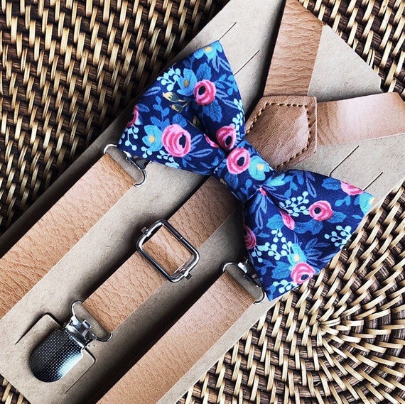 Bow Tie & Suspenders, Dusty Blue Bow Tie, Floral Bow Tie, Leather Suspenders, Wedding Suspenders, Ring Bearer Outfit, Wedding Suspenders
