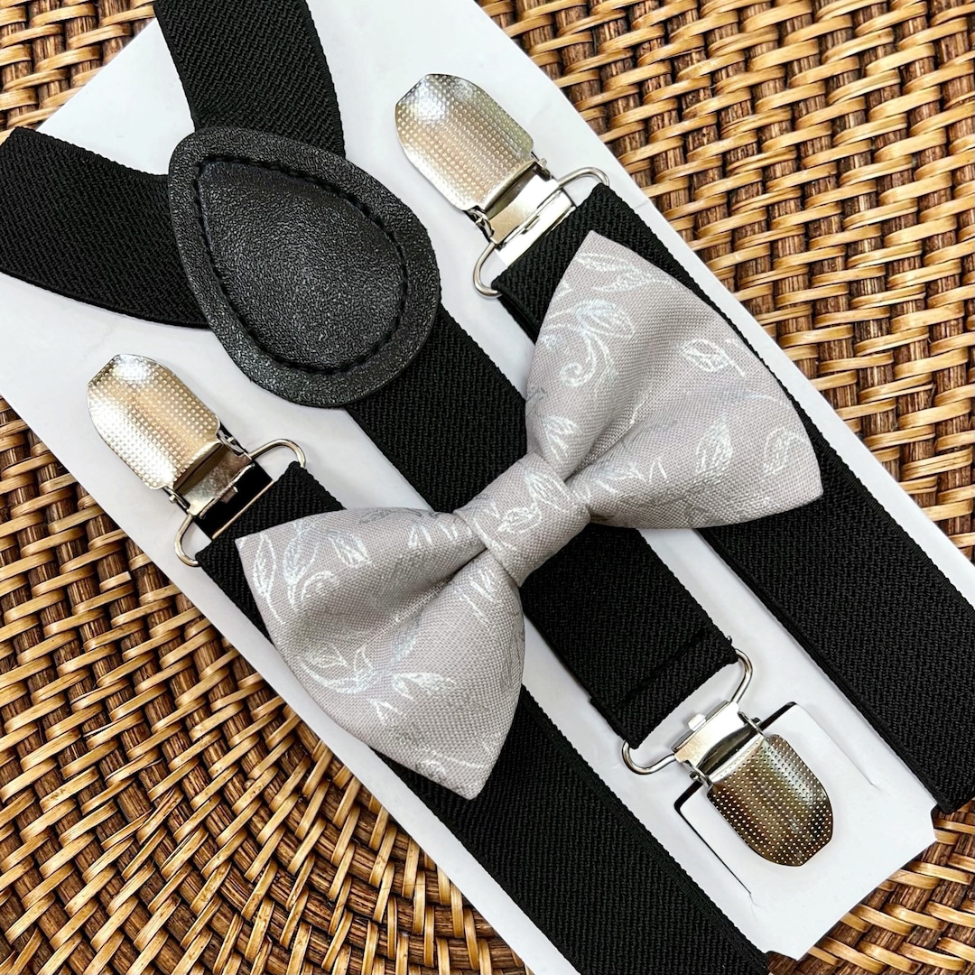 Silver Floral Bow Tie \u0026 Black Suspenders Set - Ring Bearer Outfit Wedding Groomsmen, image size:1080x1080