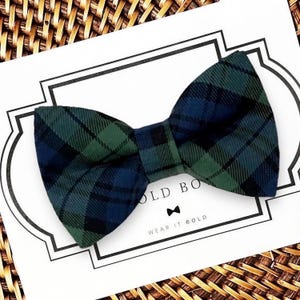 Plaid Dog Bow Tie, Navy and Green Tartan, Christmas Cat Bowtie for Collar