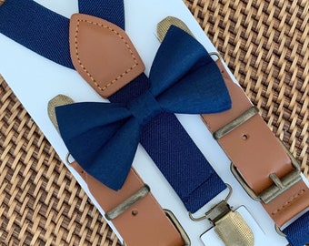Navy Bow Tie and Leather Suspenders, Ring Bearer Outfit, Toddler Bow Tie Suspenders Set, Boys Suspenders Bow Tie Set, Navy Wedding Outfit