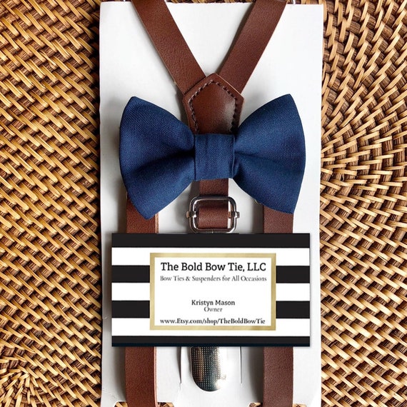 Navy Bow Tie & Leather Suspenders, Leather Suspenders, Wedding Suspenders, Ring Bearer Outfit, Navy Ring Bearer Outfit, Boys Bow Tie