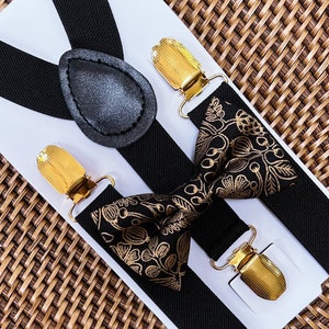 Zwarte en gouden vlinderdas en zwarte bretels met gouden clips, boho-bruiloftstrik, cadeau ringdrager, peuter, heren, jongens, rustiek huwelijk, bruidsjonkers
