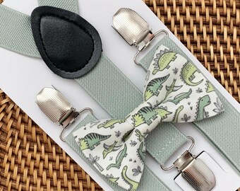 Dinosaur Bow Tie and Green Suspenders Set, Birthday Outfit, Ring Bearer Gift