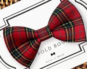 Red Tartan Plaid Christmas Dog Bow, Holiday Cat Bow Tie