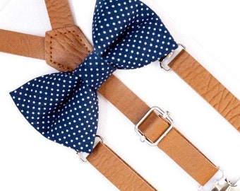 Navy Bow Tie & Leather Suspenders, Leather Suspenders, Navy Ring Bearer Outfit, Wedding Suspenders, Navy Polka Dot Bow Tie, Boys Bow Tie